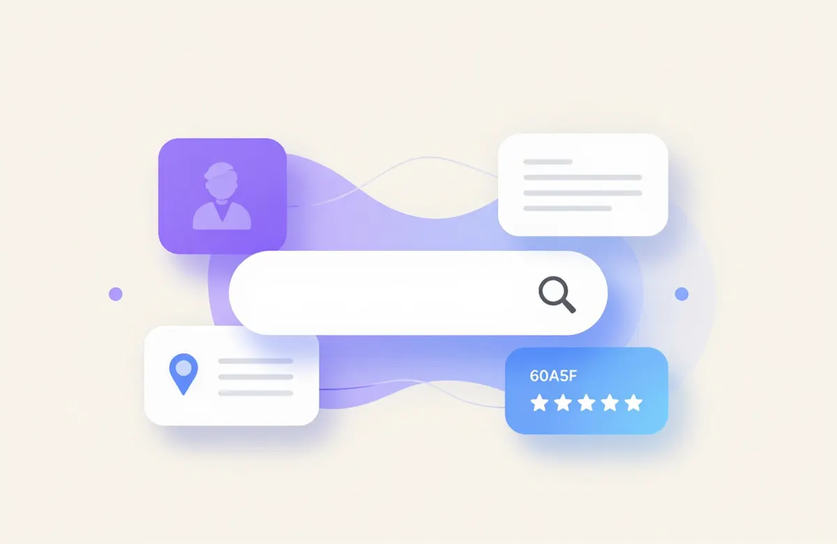 كيف يبحث المرضى عن الأطباء في Google — شريط بحث ونتائج وبطاقات طبيب وموقع وتقييمات بتدرّج بنفسجي أزرق