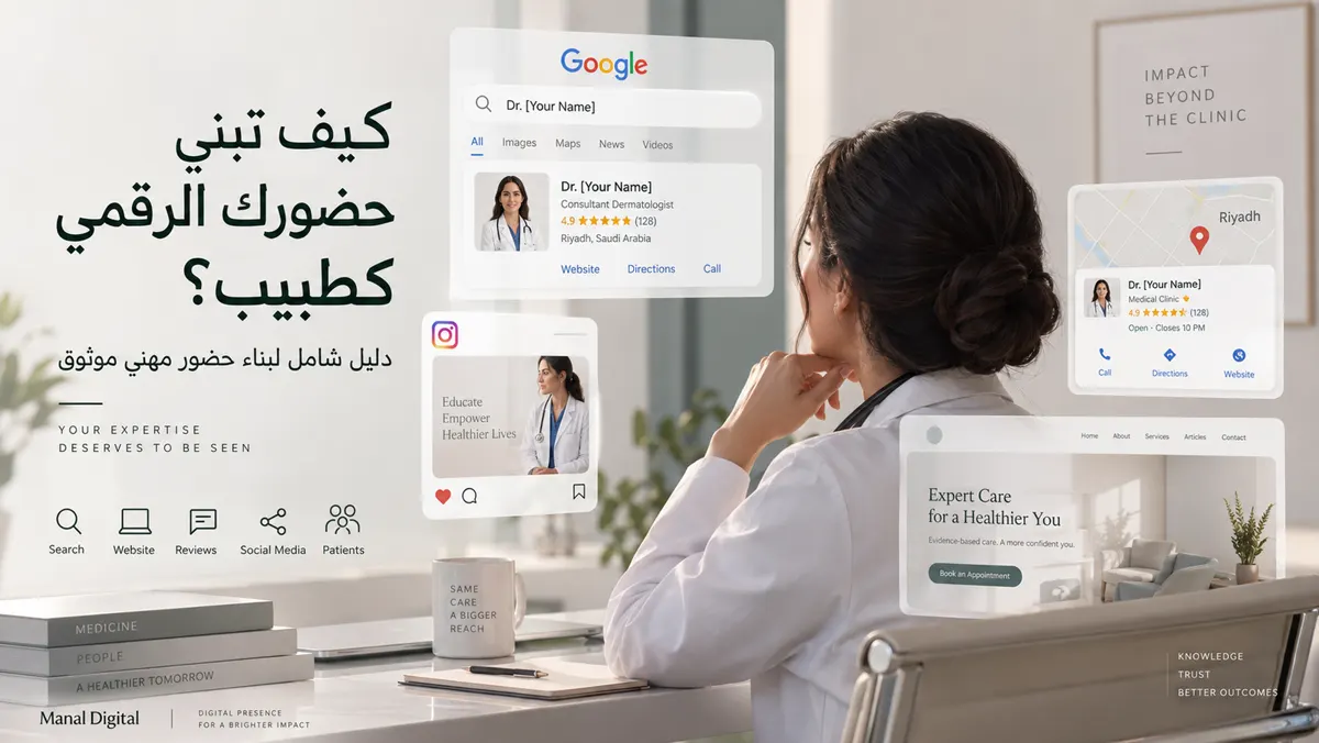 كيف تبني حضورك الرقمي كطبيب؟ دليل شامل لبناء حضور مهني موثوق — نتائج Google والموقع ووسائل التواصل