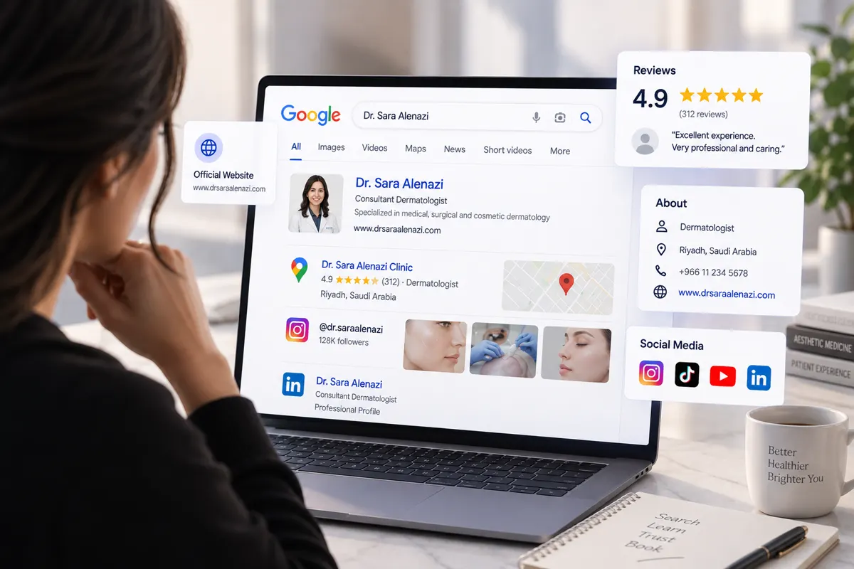 ماذا يجد المريض عندما يبحث عن اسم الطبيب في Google — نتائج البحث والموقع والتقييمات والحسابات المهنية