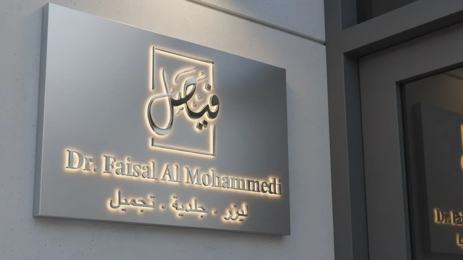 لوحة عيادة د. فيصل المحمدي مضاءة ليلًا